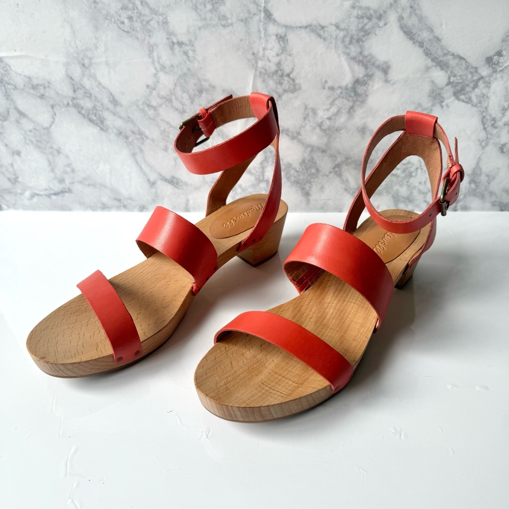 Madewell Coral-Red Leather Ankle Strap Clogs